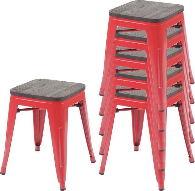 Produktbild Swisshandel24 6x Hocker inkl. Holz-Sitzfläche, Metallhocker Sitzhocker, Metall Industriedesign stapelbar rot