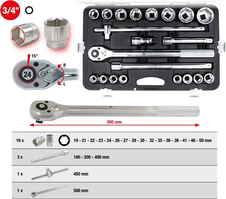 Produktbild KS Tools Steckschlüssel- Satz (19 mm, 21 mm, 22 mm, 23 mm, 24 mm, 26 mm, 27 mm, 29 mm, 30 mm, 32 mm, 35 mm, 36 mm, 38 mm, 41 mm, 46 mm, 50 mm)