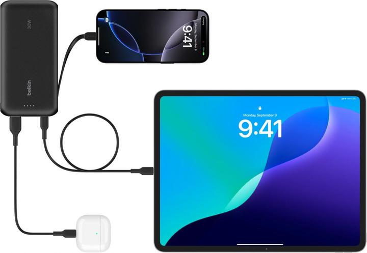 Actual product image Belkin Powerbank 20.000mAh black 30W integr.USB-C cable BPB024hqBK (20000 mAh, 30 W, 74 Wh)