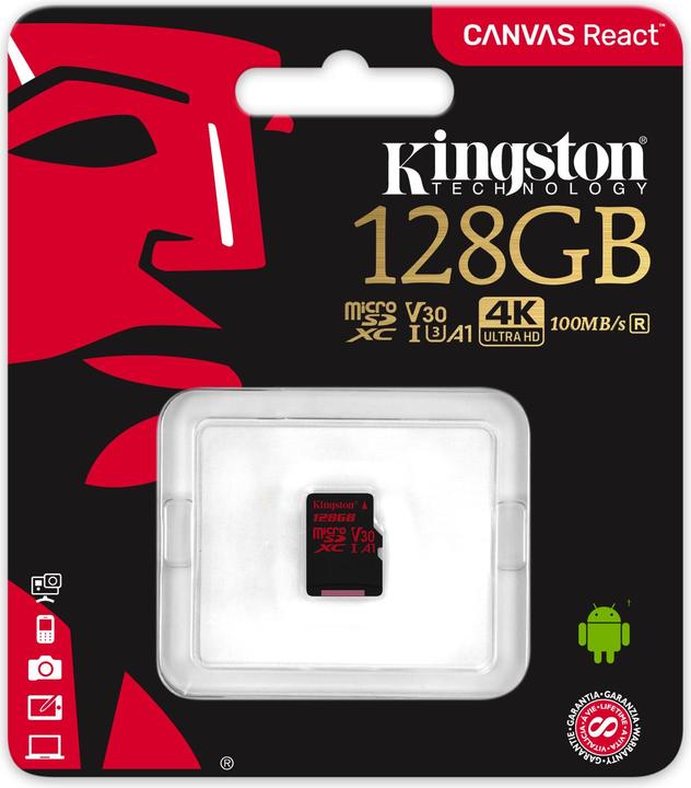 Actual product image Kingston Canvas React microSDXC (128 GB, microSDXC, U3, UHS-I)
