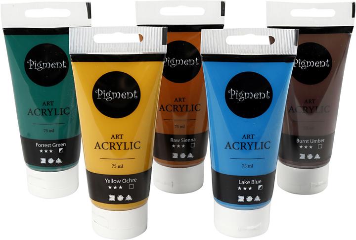 Actual product image Creativ Company Pigment Art Acrylverf Natuurlijke Kleuren, 5x75ml (Spring greens, Sea blue, Ochre yellow, Sienna, Burnt umber, 75 ml)