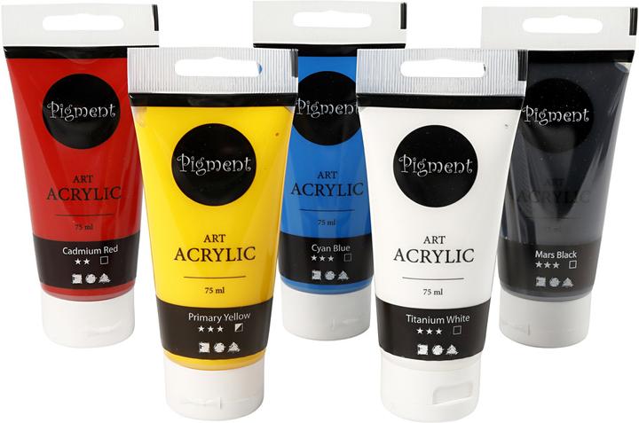 Immagine prodotto Creativ Company Pigmento Art Acrylverf Primaire Kleuren, 5x75ml (Ciano-blu, Marte nero, Giallo primario, Bianco titanio, Rosso cadmio, 75 ml)
