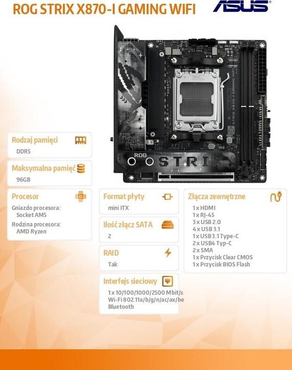 Produktbild ASUS ROG STRIX X870-I GAMING WIFI (AM5, AMD X870, Mini-ITX)