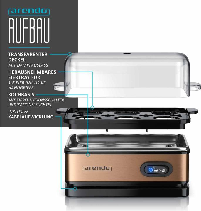 Immagine prodotto Arendo Bollitore per uova in acciaio inox 6 volte, 400 W, acciaio inox, funzione scaldavivande, durezza
