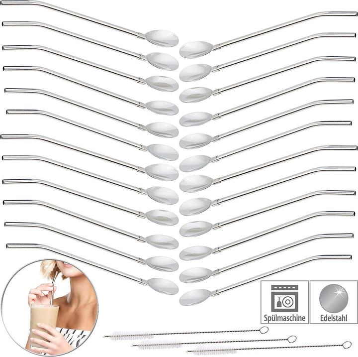 Produktbild Rosenstein & Söhne 18er-Set 2in1-Trinkhalm-Löffel aus Edelstahl, mit Reinigungsbürste (18 x)