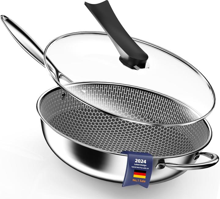 Immagine prodotto Kiseely Hybrid Wokpfanne mit Deckel, antihaft, induktionsfest (34 cm, Wok, Acciaio inossidabile)