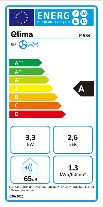 Label énergétique Qlima Climatiseur P 534, Nom : P 534 mobile air conditioner, Dimensions (mm) : 440 x 355 x 715, W (11396.55 BTU/h)