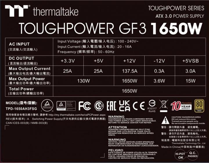 Nutritional values and ingredients Thermaltake Toughpower GF3 (1650 W)