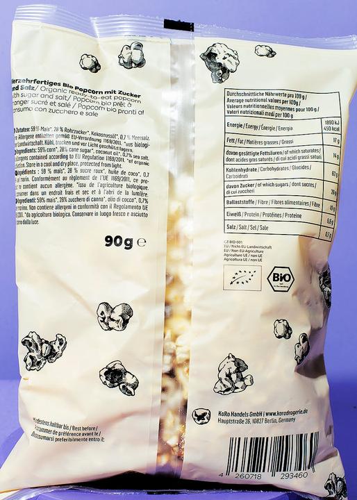 Valeurs nutritives et ingrédients KoRo Pop-corn bio prêt à consommer avec sucre et sel (900 g)