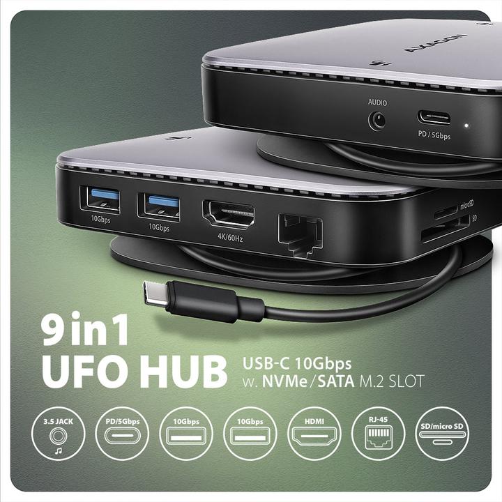 Actual product image Axagon HMC-UFO USB-C hub, M.2 SATA/NVMe, 1 Gbit/s Ethernet, 384 kHz audio - black/silver (USB-C, 3 Ports)