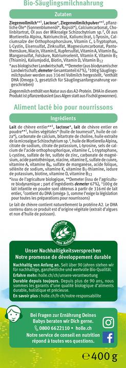 Valeurs nutritives et ingrédients Holle Lait de départ biologique PRE au lait de chèvre (462 g, dès la naissance)