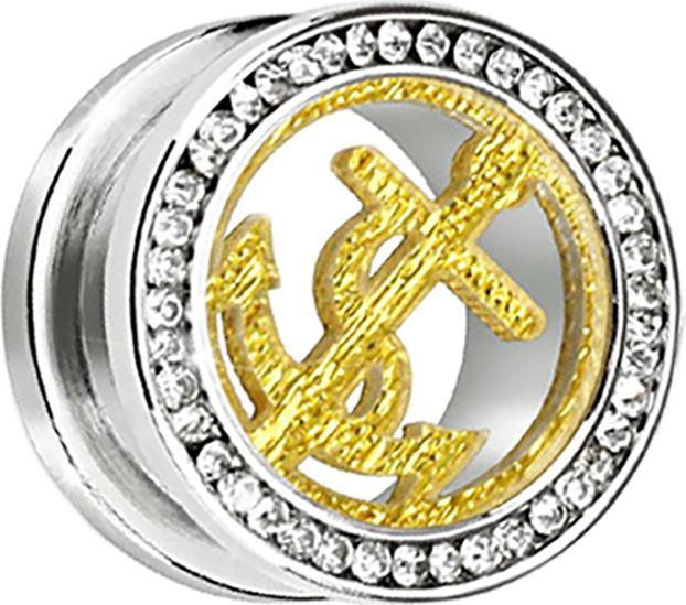 Image du produit Star Piercing Flesh Tunnel argenté avec cristal argenté et ancre dorée (sans laiton, Acier chirurgical 316L)
