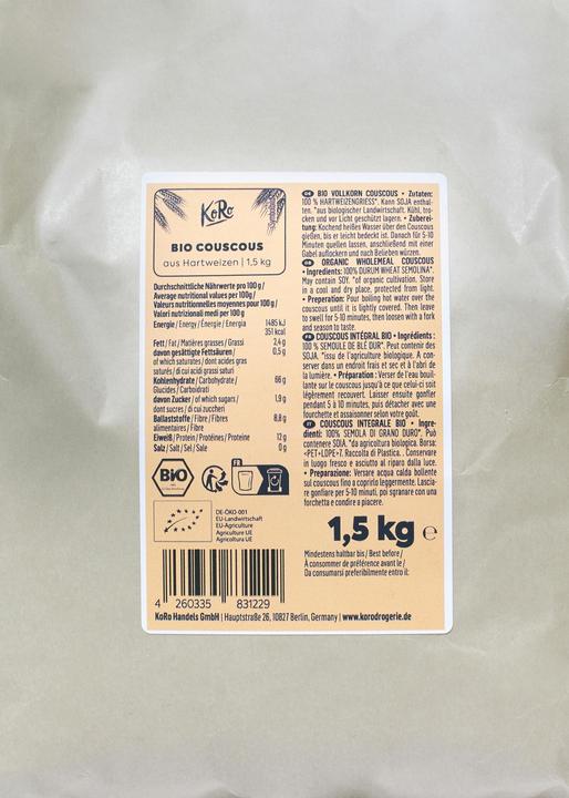 Valeurs nutritives et ingrédients KoRo Couscous bio complet (1500 g)