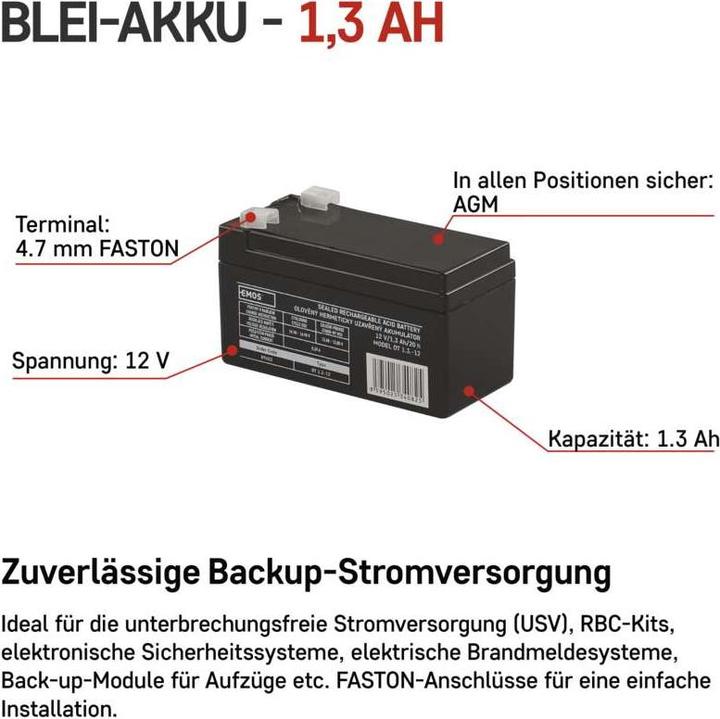 Immagine prodotto Emos Wartungsfreier Blei-Akku 12 V/1,3 (1 pz., Specifico del dispositivo, 1300 mAh)