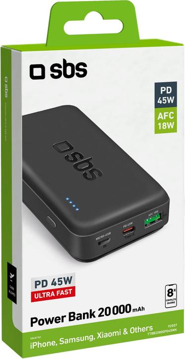 Image du produit SBS Banque d'alimentation 20 000 mAh Power Delivery 45W multi-port noir (20000 mAh, 45 W)