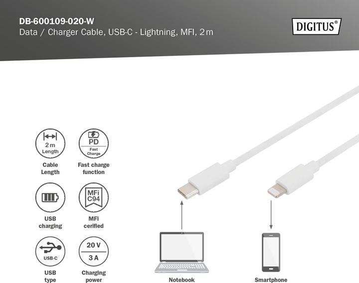 Produktbild Digitus USB Typ C – Lightning (2 m, USB 2.0)