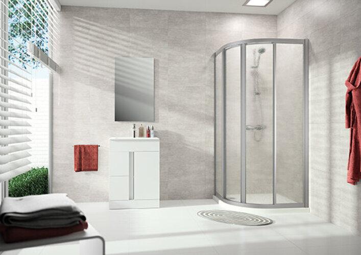 Actual product image Hüppe Alpha 2 sliding door, 1/4 circle, with two fixed segments, 900x900x1900mm, radius 550mm, full (205 cm, 50 cm, 23 cm)