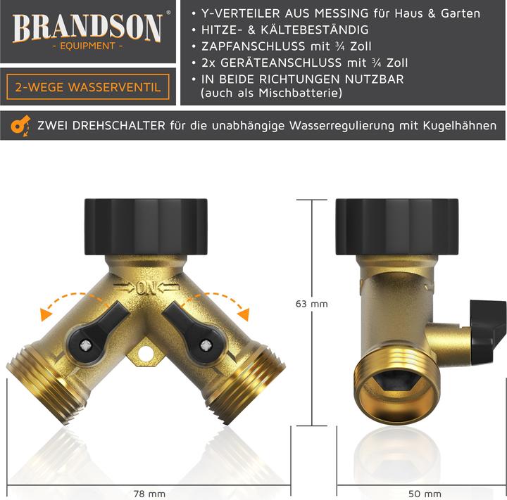 Produktbild Brandson Wasserventil 2 Wege, Y-Verteiler für 3/4 Zoll Wasserhahn, Splitter, Garten Verteileranschluss (2 Wege Verteiler, 19.05 mm)