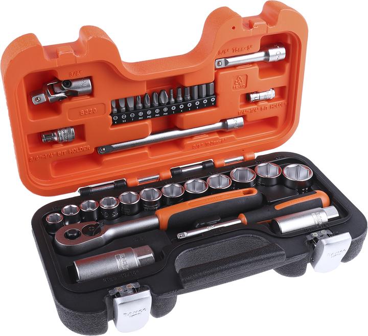 Bahco 1/4"- und 3/8"-Steckschlüssel-Satz, metrisch, Sechskant, inklusive Umschaltknarre - 34-teilig (3/8")