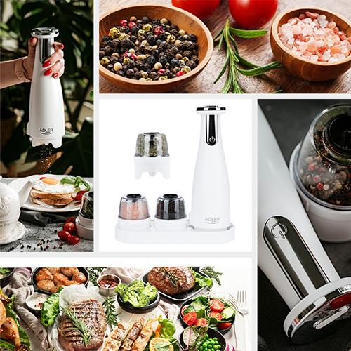Actual product image Adler Electric Salt and pepper grinder AD 4449w 7 W, Housing material ABS plastic, Lithium, Matte White (Various spices)