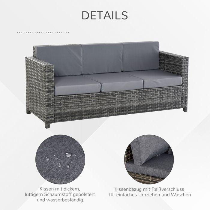 Actual product image Swisshandel24 Poly-Rattan Sofa mit Kissen 3-Sitzer Garten Loungesofa Metall Polyester Grau 185 x 70 x 80 cm