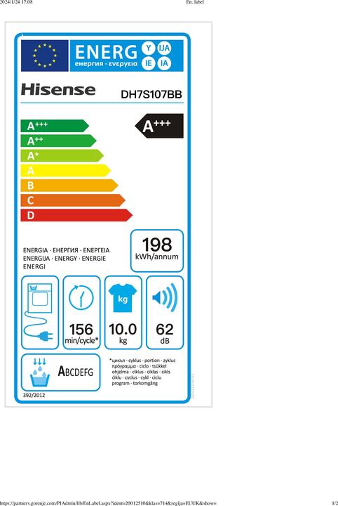 Energie-Label Hisense DH7S107BB (10 kg, Rechts)