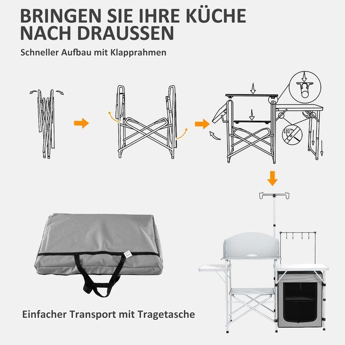 Produktbild Swisshandel24 Campingküche, faltbar, 3 Arbeitsplatten, Windschutz, Stoffschrank, 144x48x119cm, Silber