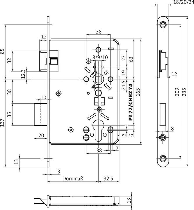 Actual product image BKS Authority mortice lock 0615 PZW 20/55/72/8 mm DIN right stainless steel rounded class 5 (Mortise lock)