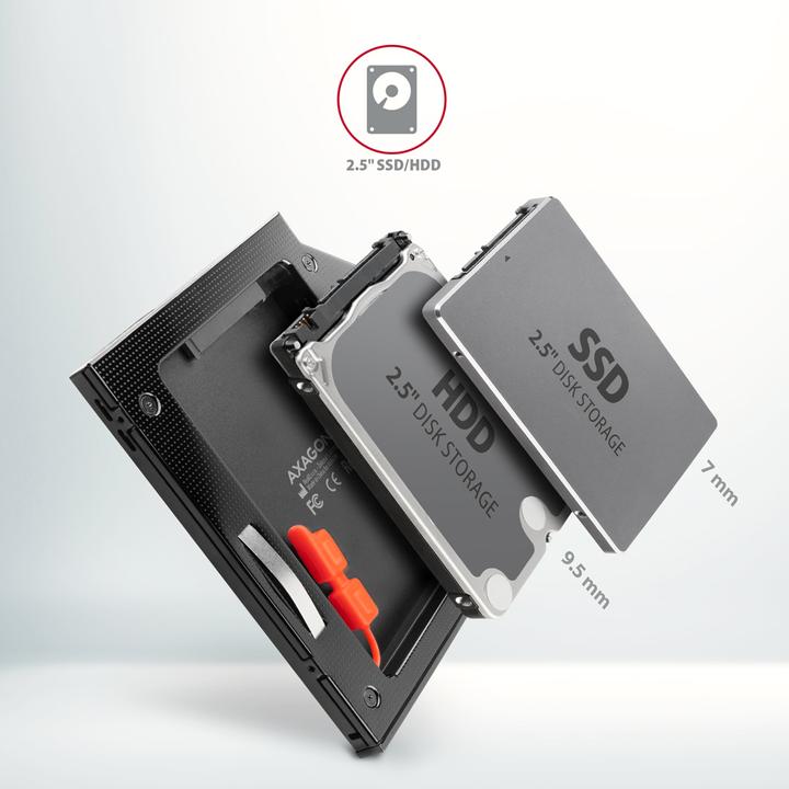 Produktbild Axagon RSS-CD09 2.5 Zoll SSD/HDD Adapter für optisches Laufwerk, 9,5 mm, LED