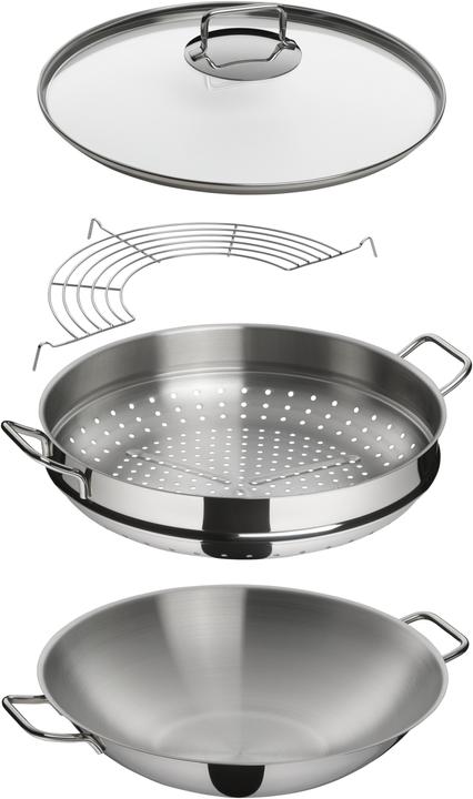 Produktbild WMF Wok Set 4tlg Wokpfanne 36cm 4,5l Glasdeckel Induktion Edelstahl (36 cm, Wok Pfanne, Edelstahl)