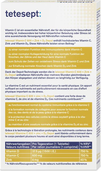 Nährwerte und Zutaten Tetesept Vitamin C + Zink + D3 (30 Stück, Tabletten, 53 g)