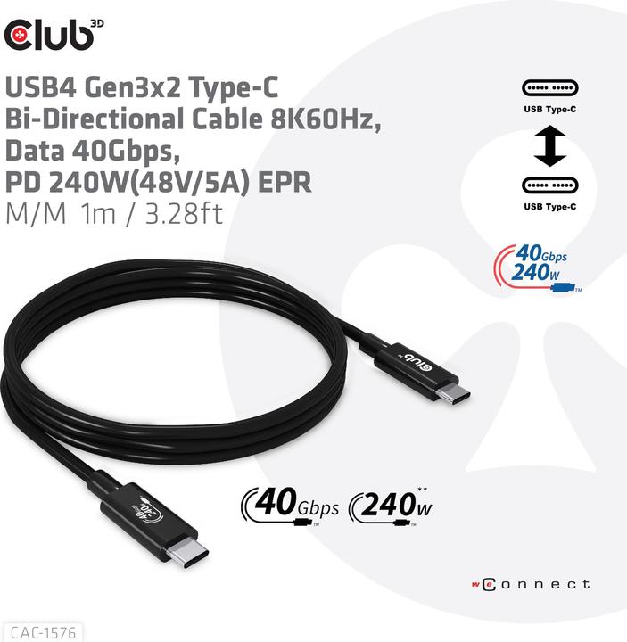 Image du produit Club 3D USB Typ C – USB Typ C (1 m, USB 4.0)