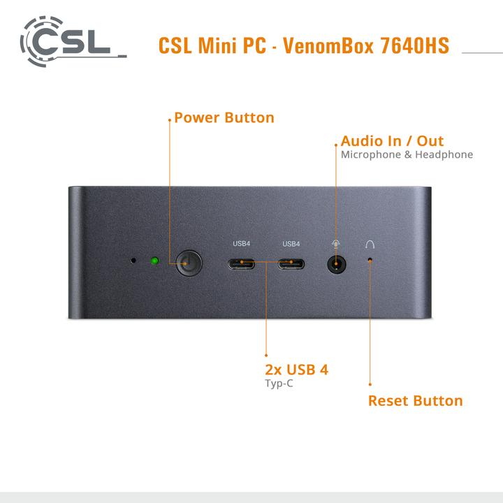 Actual product image CSL Mini-PC VenomBox 7640HS / 32GB / 500 GB M.2 SSD / Windows 11 Pro (AMD Ryzen 5 7640HS, 32.77 GB, 500 GB)
