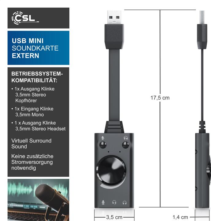 Produktbild CSL USB Soundkarte Surround Sound, mini externe USB Soundkarte mit Lautstärkenregelung (USB 2.0)