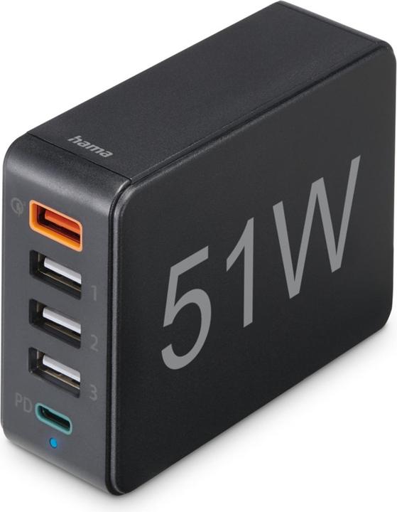 Actual product image Hama Quick charger 5 ports, 1x QC 3.0, 3x USB-A, 1x USB-C PD, 51 W, Black (51 W)