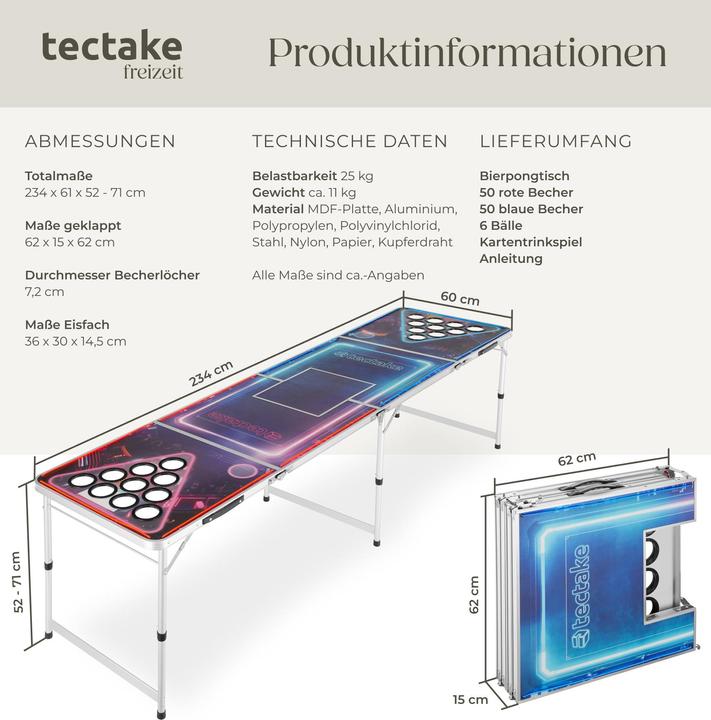 Produktbild tectake Bierpongtisch BeerWars II, mit Eisfach und LED-Beleuchtung