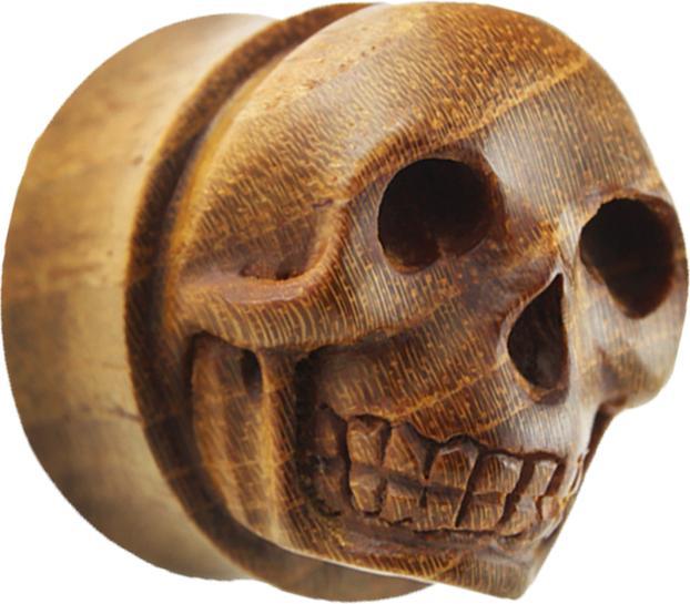 Star Piercing Flared Plug mit handgeschnitztem Schädel aus Teakholz (ohne Messing, Organisch)