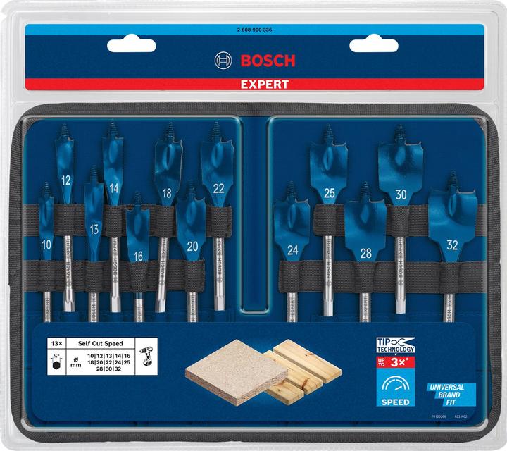 Produktbild Bosch Professional Zubehör EXPERT Self Cut Speed Flachfräsbohrer-Set, 10/12/13/14/16/18/20/22/24/25/28/30/32 mm, 13-tlg. (10, 12, 13, 14, 16, 18, 20, 22, 24, 25, 28, 30, 32 Millimeter)