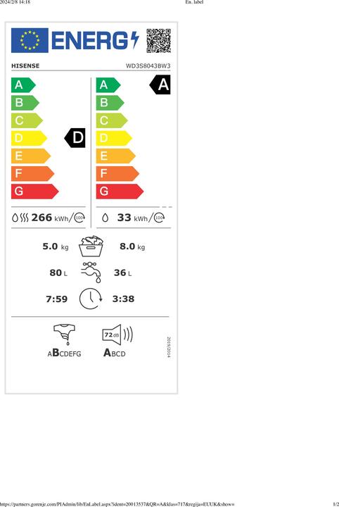 Energy Label Hisense WD3S8043BW3 Freestanding washer-dryer 8Kg