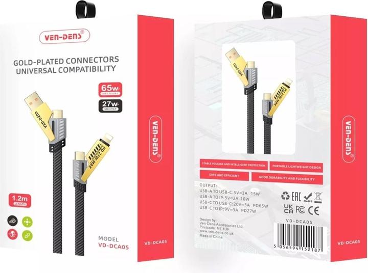 Image du produit Ven-Dens Câble 4 en 1 flexible et flip USB-C, Lightning, USB-A 65W, 27W PD 1.2m (USB 3.2 Gen 1)