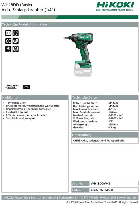 Image du produit Hikoki WH18DD (Fonctionnement sur batterie)