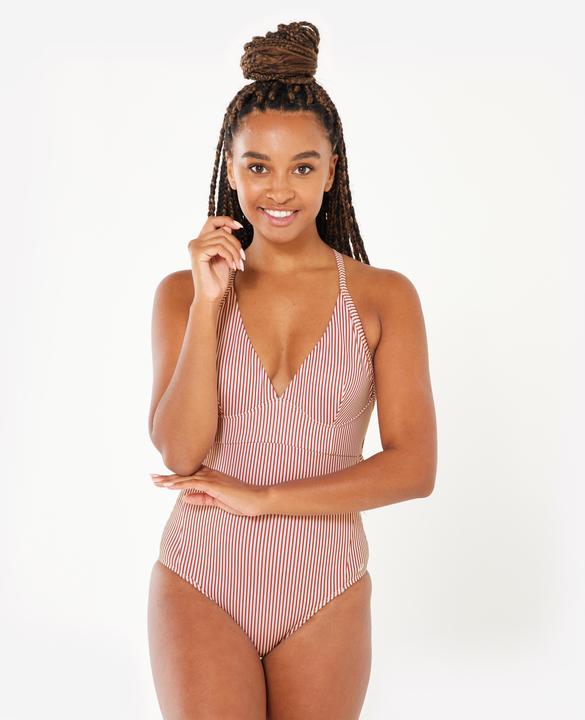 Image du produit Olaian Maillot de bain 1 pièce surf rayé Femme - Bea rouge et blanc (38)