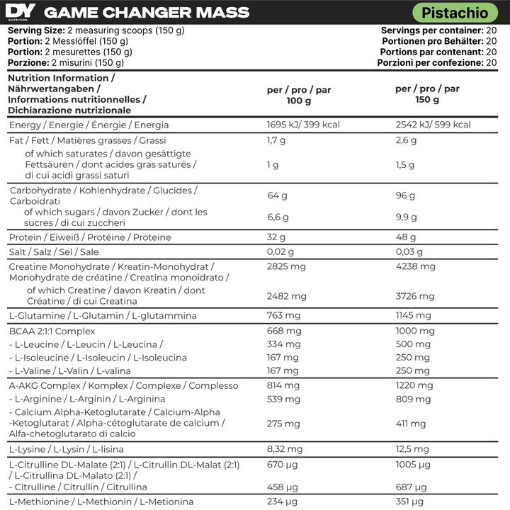 Valori nutrizionali e ingredienti DY Nutrition Cambiamento di massa (Pistacchio, 3000 g)