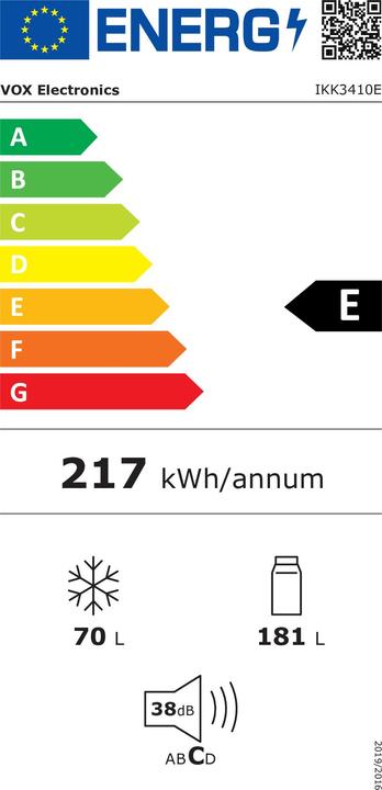 Energie-Label Vox Einbau-Kühlschrank IKK 3410 E (E, R:181 l, F:70 l, V:177cm, LessFrost) (251 l)