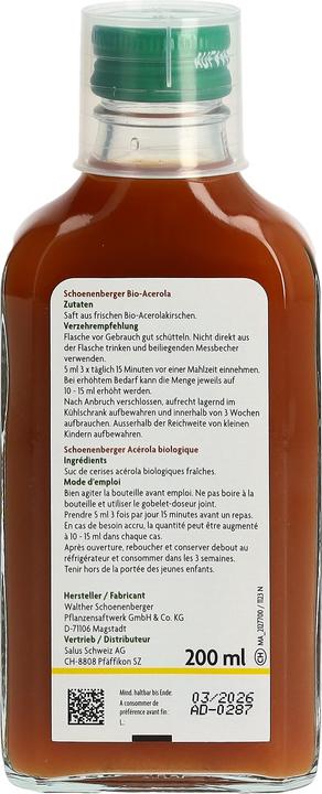 Nährwerte und Zutaten Schönenberger Acerola naturtrüber Fruchtsaft Bio Saft (1 Stück, Flüssigkeit, 434 g)