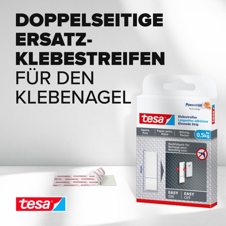 Produktbild tesa Powerstrips für Tapete & Putz, 0,5kg Halteleistung, 9x doppelseitige Klebestreifen