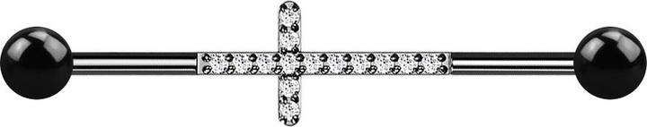 Actual product image Star Piercing Barbell schwarz mit zwei Kugeln Kreuz mit Kristallen silber (without brass, Titanium G23)