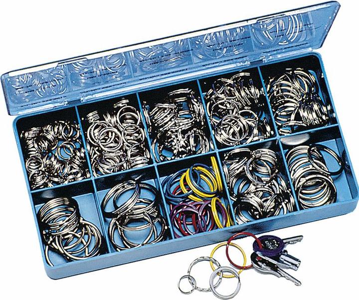 Actual product image Wedo Metal spanner rings in an assortment box of 300 bright nickel-plated metal rings made from hardened
