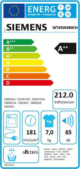 Energie-Label Siemens Wt45w490ch Iq500 (7 kg, Rechts, CH-Stecker)