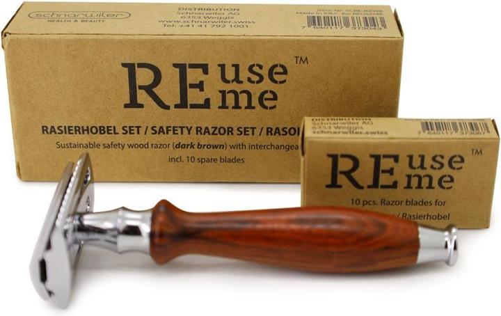 ReUseMe Rasierhobel aus Holz dunkelbraun mit Stahlklinge inklusive 10 Ersatzklingen